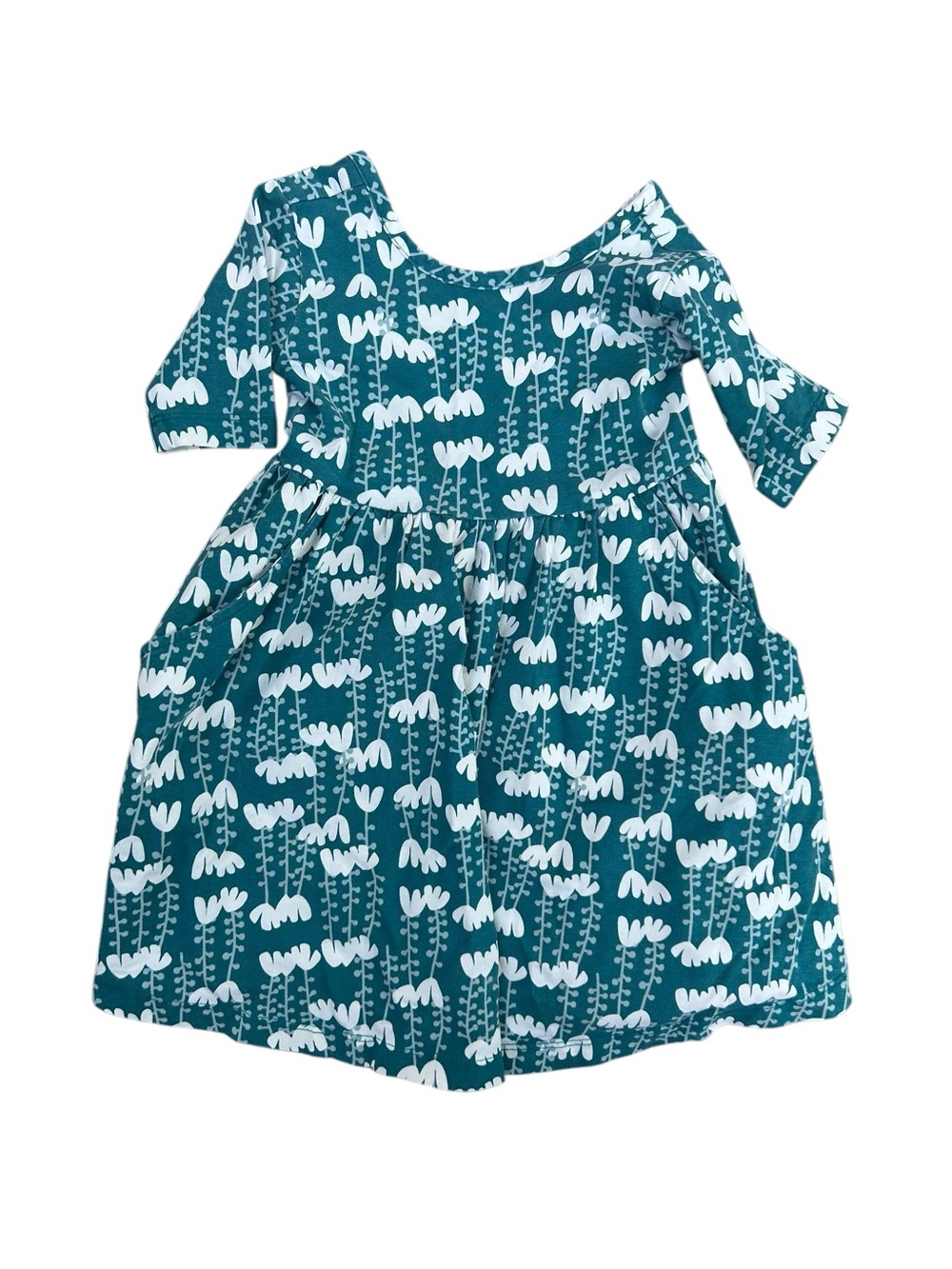 Hanna Andersson Little Girls Teal Winter Floral Scoop Neck Pocket Dress 3T
